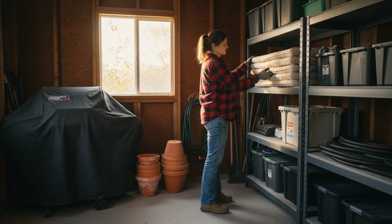Woman storing folded outdoor cushions on a shelf in an organized shed, with a covered grill and stacked planters nearby.