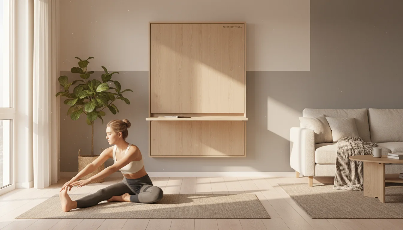 Woman stretches on a yoga mat in a small apartment living room, where a closed fold-down desk blends into the wall.