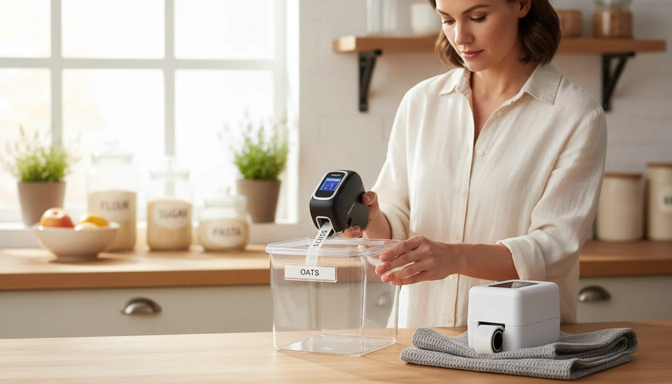 Woman in a sunlit kitchen labeling a clear pantry container with a handheld label maker; a smaller labeler rests nearby on folded towels.