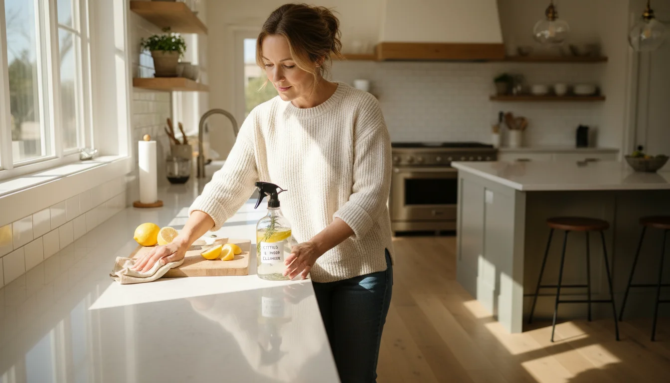 Woman in a sunlit kitchen wiping a gleaming quartz countertop with a cloth, next to a glass spray bottle, baking soda, and cut lemons.
