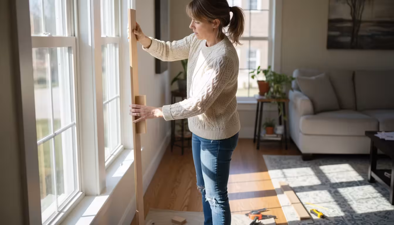 A woman in a sunlit room carefully aligns an unpainted wood trim piece on a window jamb, using a small block for consistent spacing.