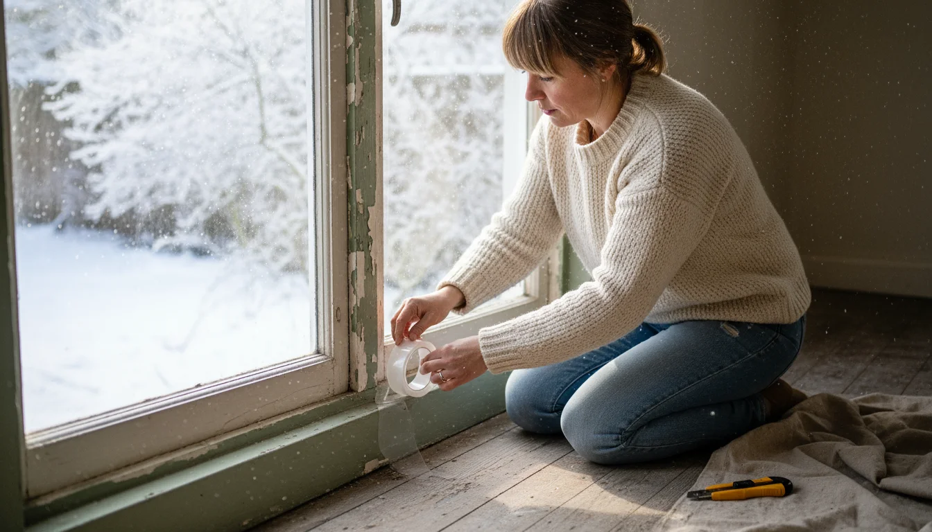 A woman in a sweater kneels by an old window, applying clear weatherstripping to the lower sash.