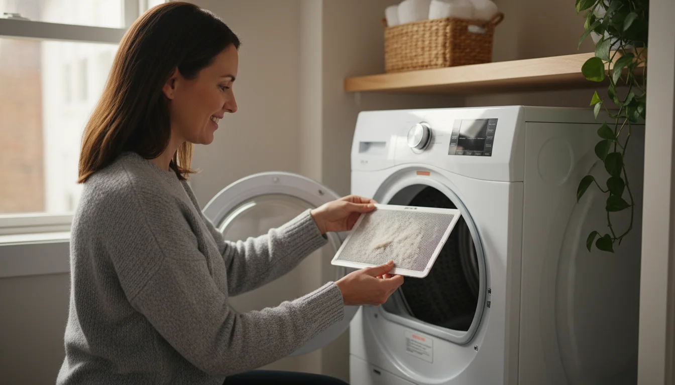Woman in sweater gently pulling lint trap from white dryer, showing a light layer of lint in a bright, clean laundry room.