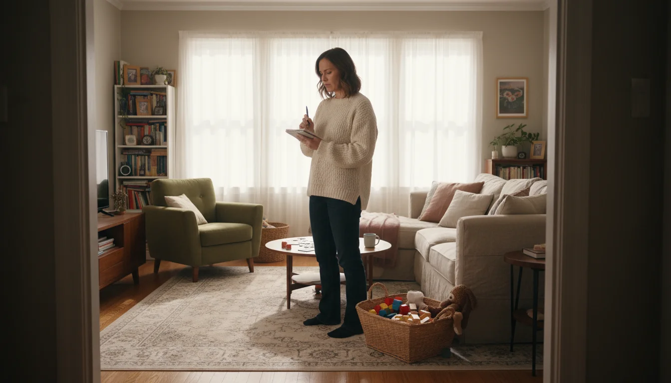 A woman in a sweater stands in a bright living room, holding a notebook and pen, looking around thoughtfully to assess different areas.
