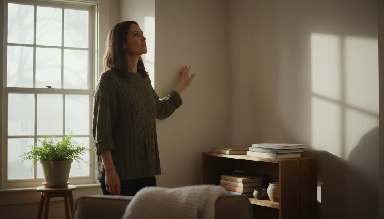 Woman in a sweater touches an empty living room corner, visualizing shelving possibilities in a cozy home.
