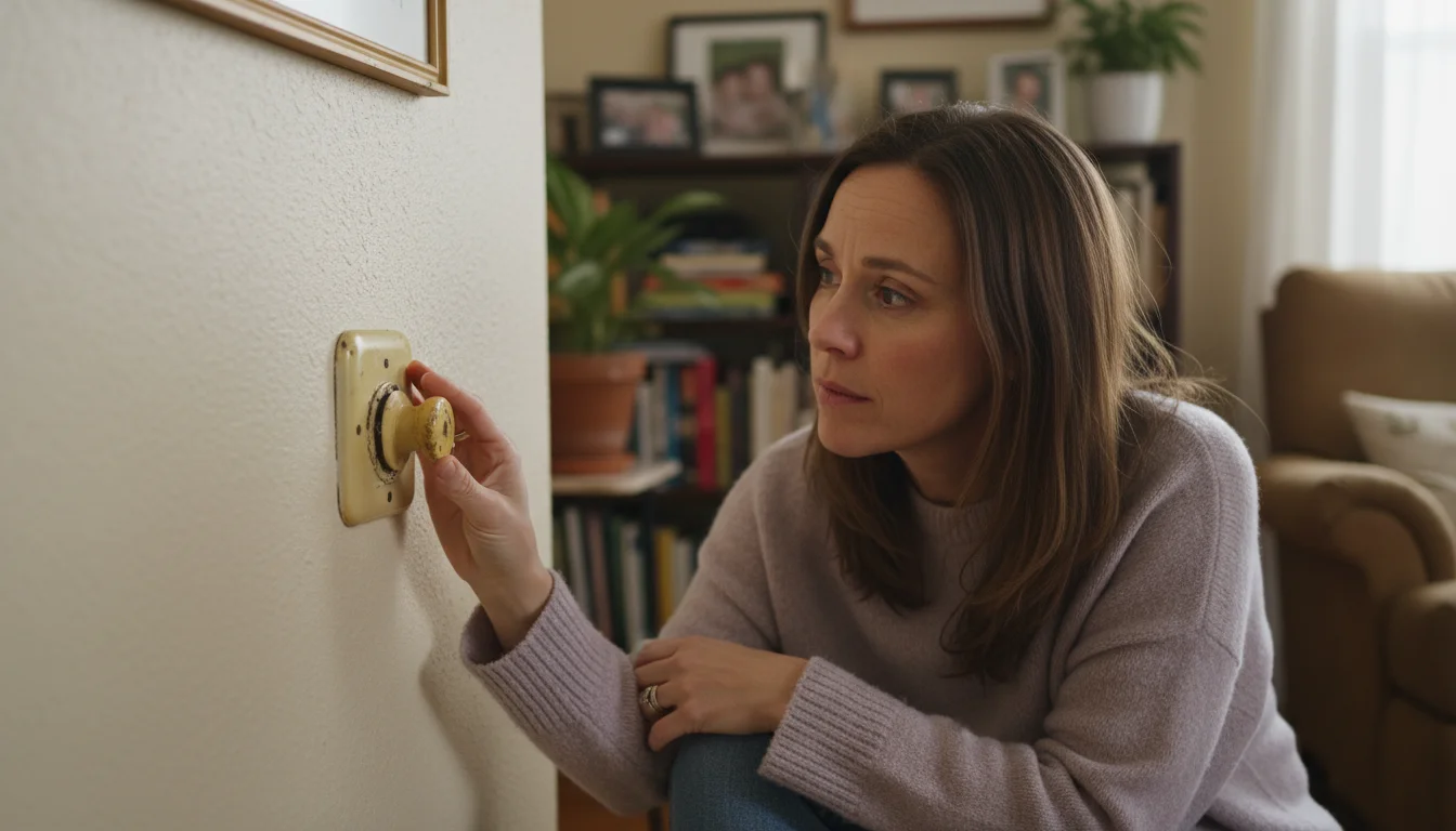 Woman in a sweater gently touches an old rotary dimmer switch on a wall, looking thoughtful, in a home.