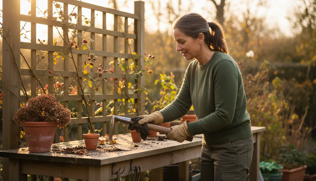 A woman in a sweater is wiping a garden hoe blade with an oily rag at an outdoor wooden workbench. Various other hand tools, a wire brush, and lubrica