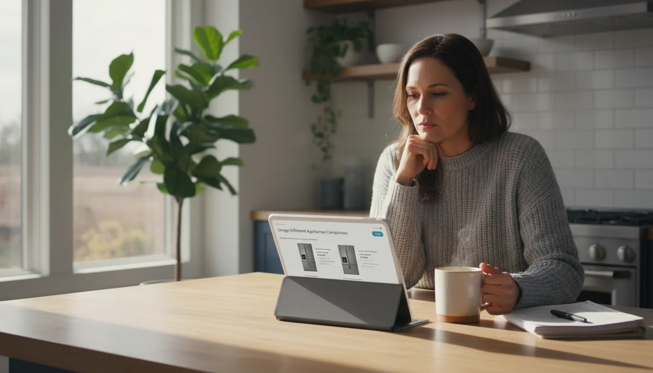 Woman in a sweater at a wood kitchen island, focused on a tablet showing a budgeting app. A warm mug sits nearby. Modern dishwasher subtly visible in 