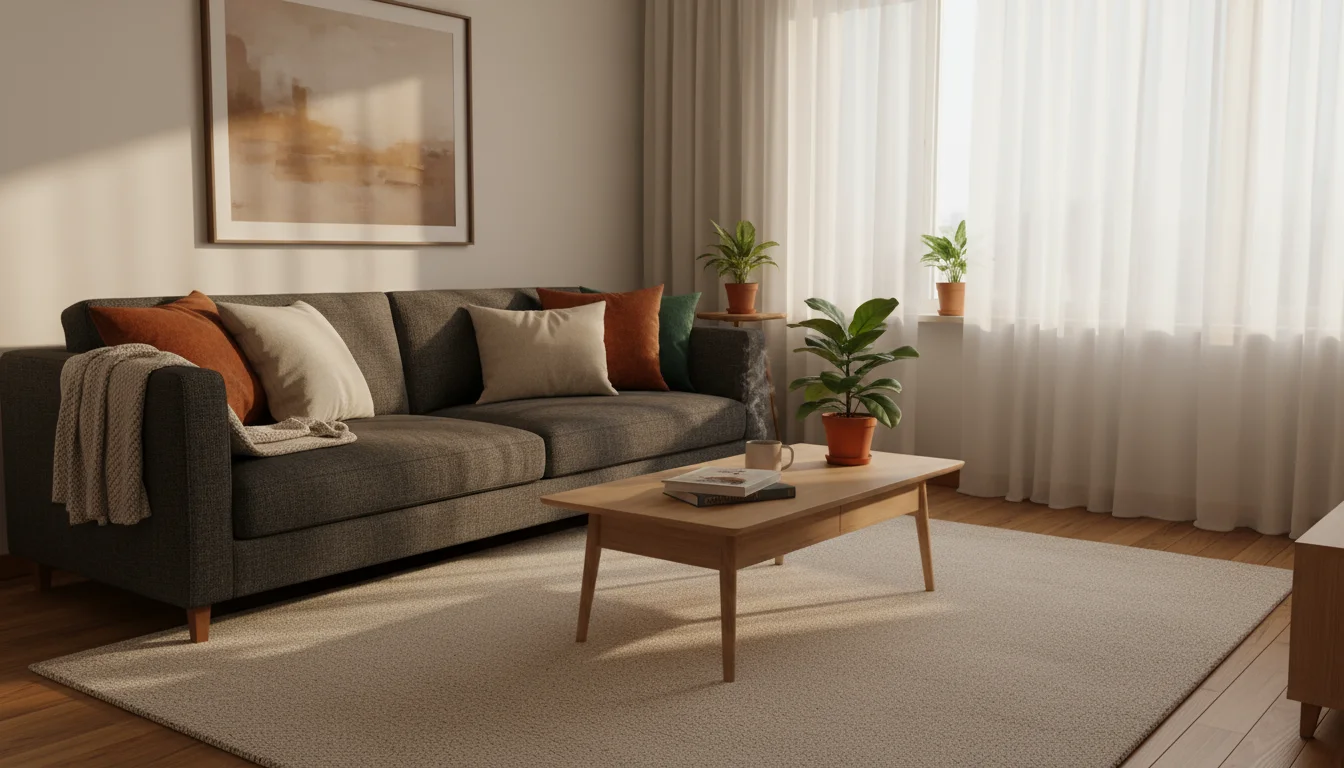 Woman thoughtfully arranging a decorative bowl on a simple coffee table in a sunlit, cozy living room with a sofa and green plant.