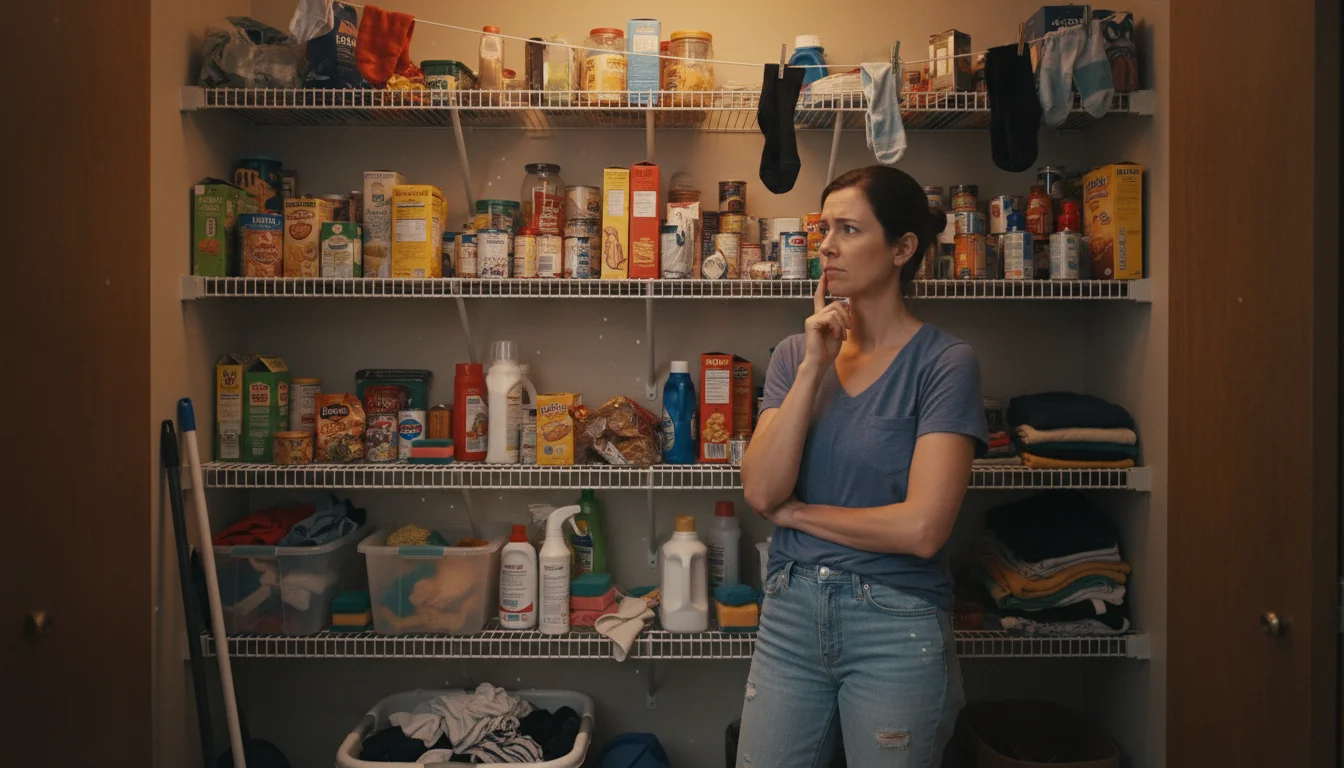 Woman thoughtfully arranging items on white wire shelves in a pantry, using plastic bins for organization.