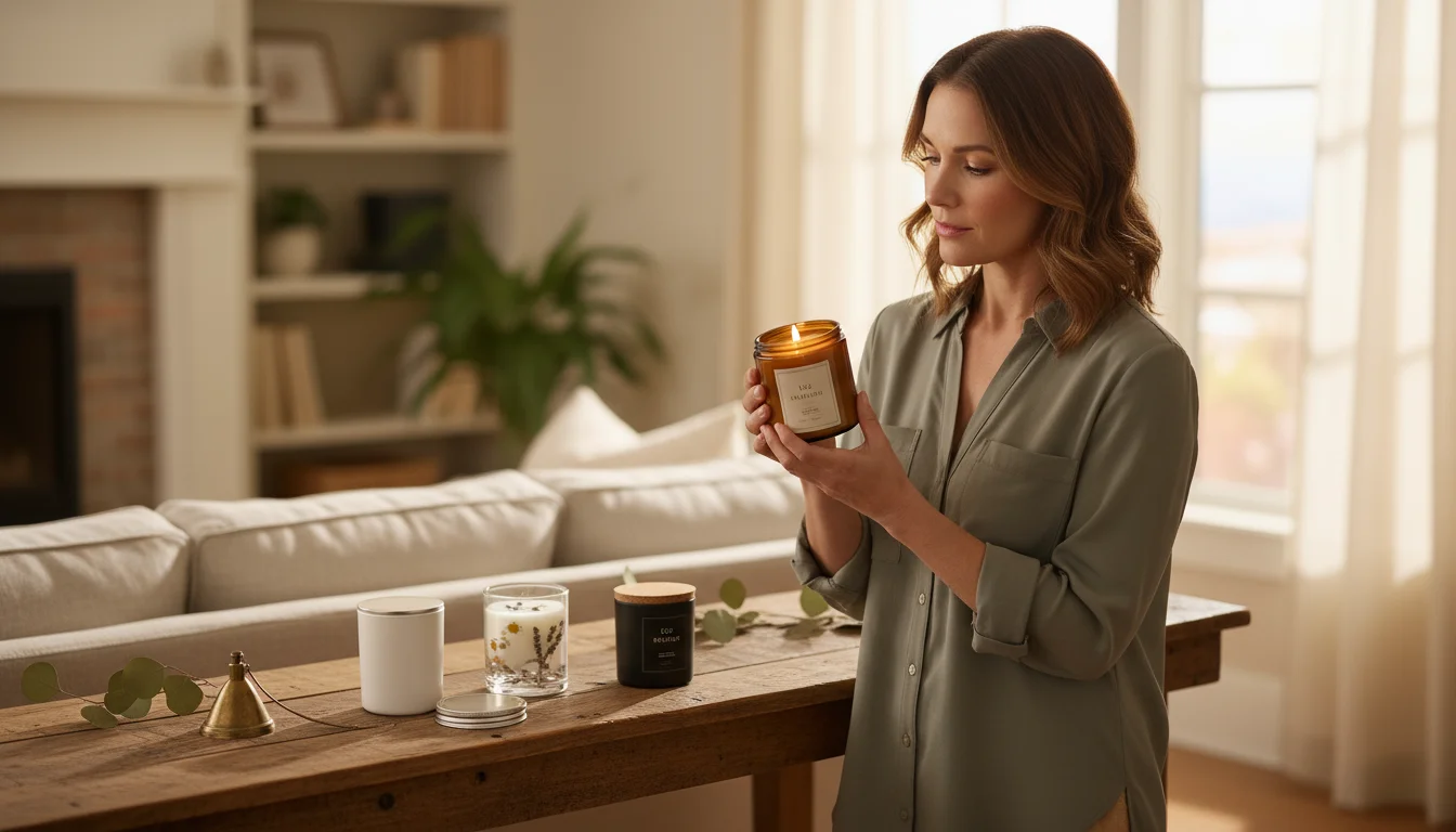 A woman thoughtfully examines an amber-jar candle on a rustic wooden table, with other diverse candles and a reed diffuser nearby.
