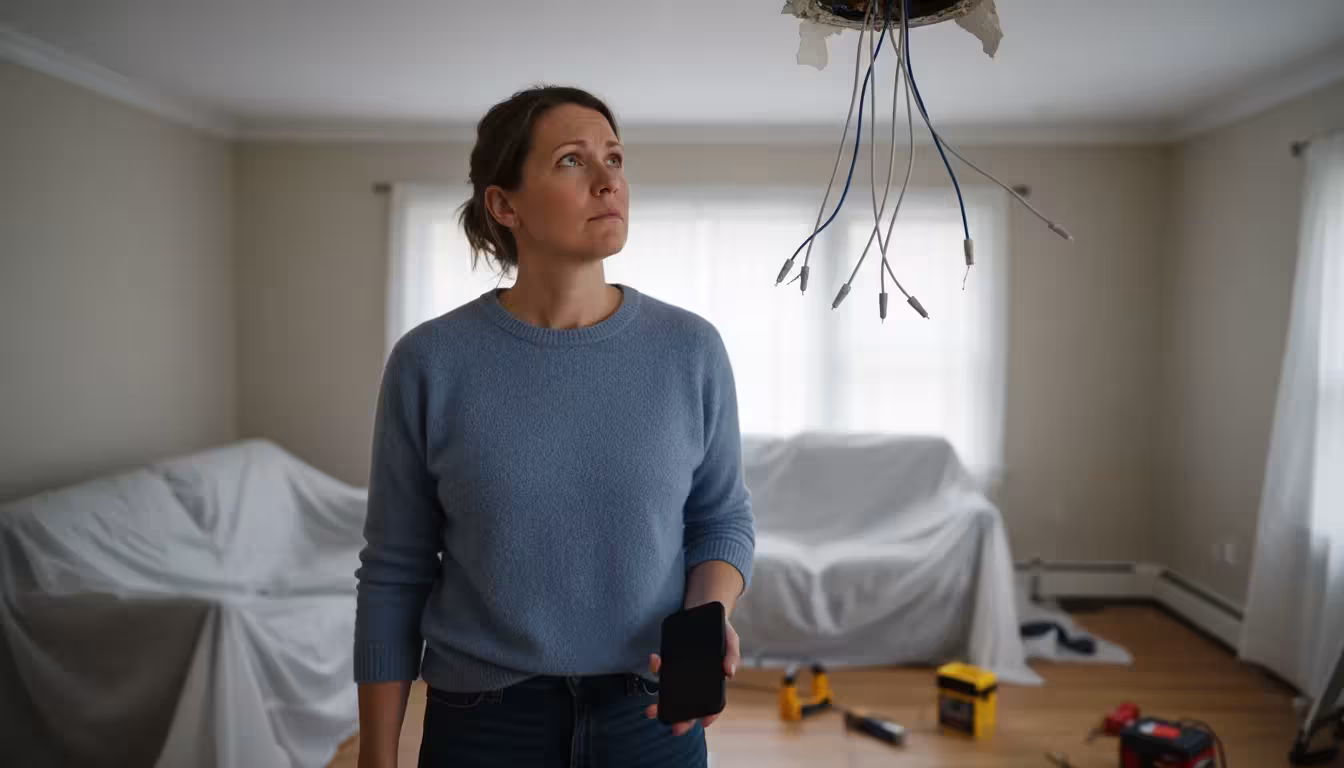 Woman looking thoughtfully at exposed electrical wires in a ceiling junction box, holding a phone.