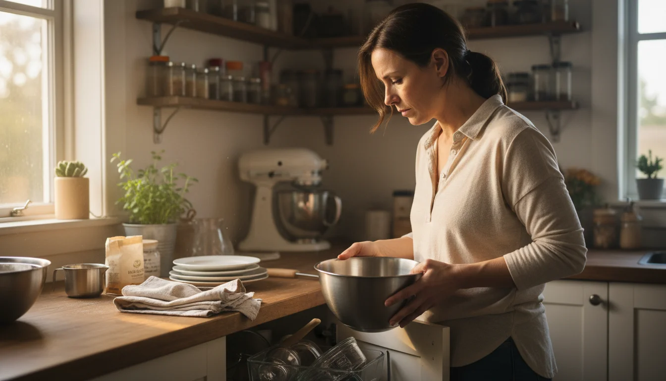 Woman thoughtfully holding a mixing bowl, looking into a partially cleared kitchen cabinet, with organized items on the counter.