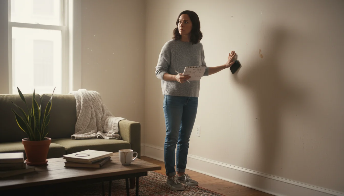 A woman thoughtfully looks at a living room corner, holding a phone with notes or a small notebook. Books and a plant are visible.