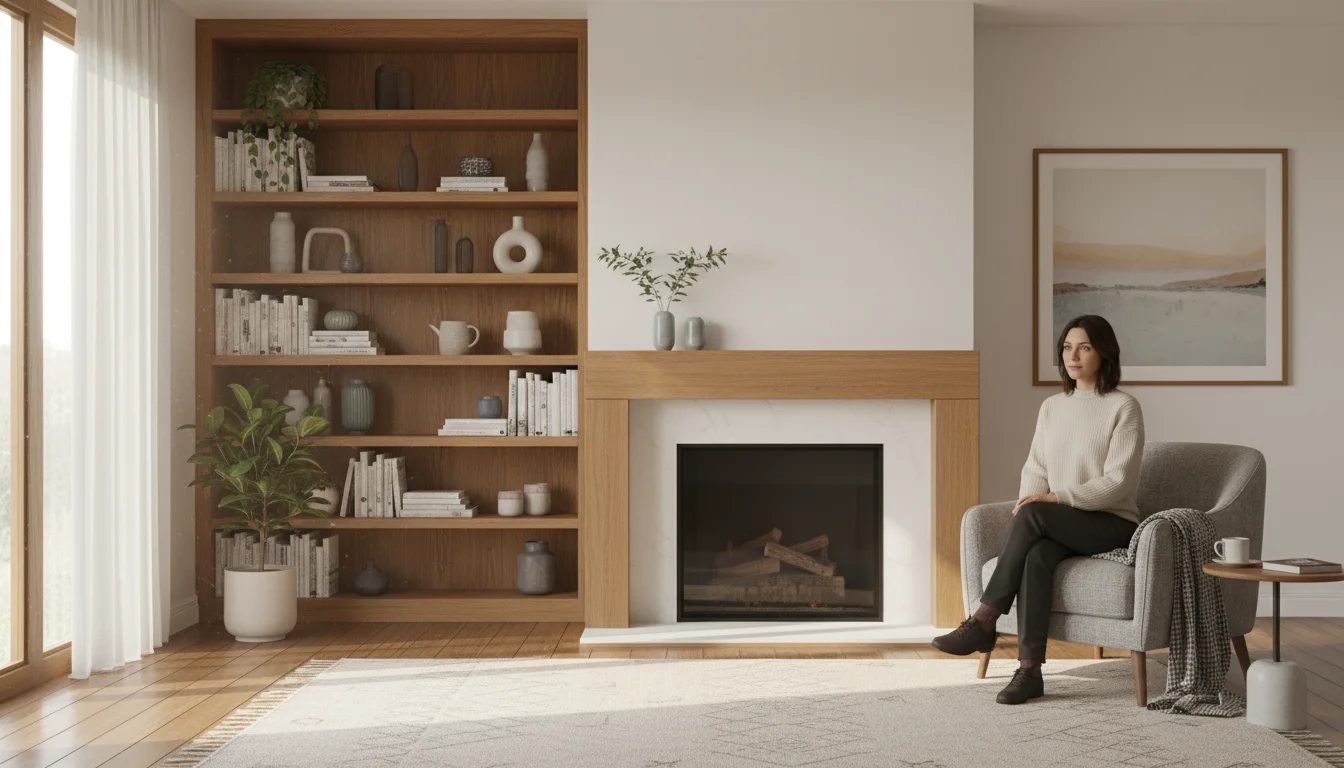 A woman thoughtfully observes a living room wall featuring a classic fireplace and built-in bookshelf, considering it as an accent.