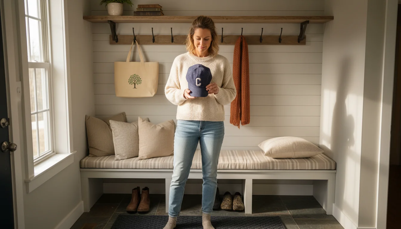Woman thoughtfully reviewing a baseball cap she removed from a wall hook in a mudroom, with other items hanging and storage bins on a shelf.