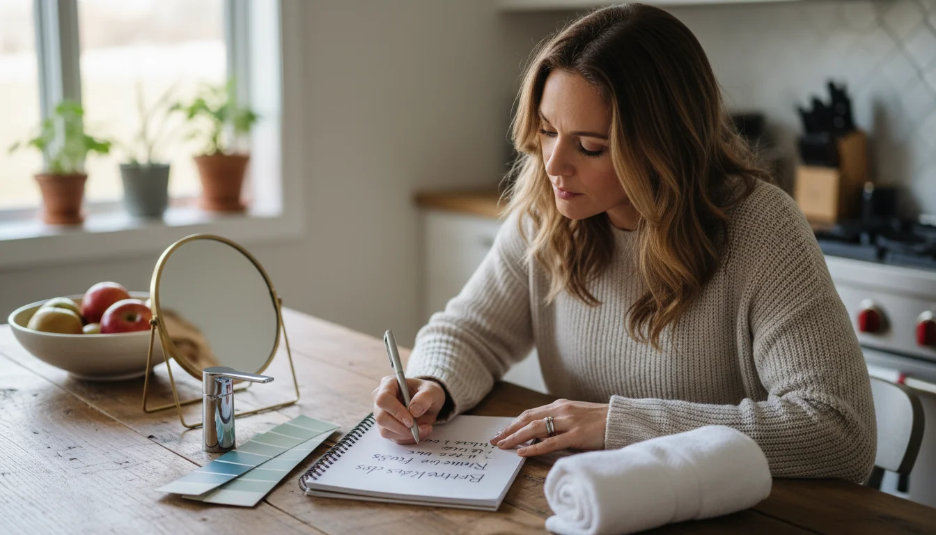 Woman thoughtfully reviewing a handwritten budget list for a bathroom refresh, comparing a new sage green towel, shower curtain fabric sample, and a p