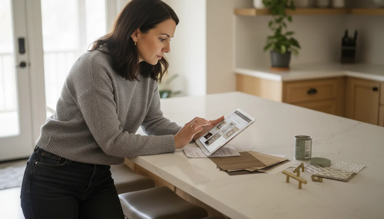 Woman (30s-40s) thoughtfully scrolling a tablet at a kitchen island, surrounded by small cabinet hardware and paint samples.