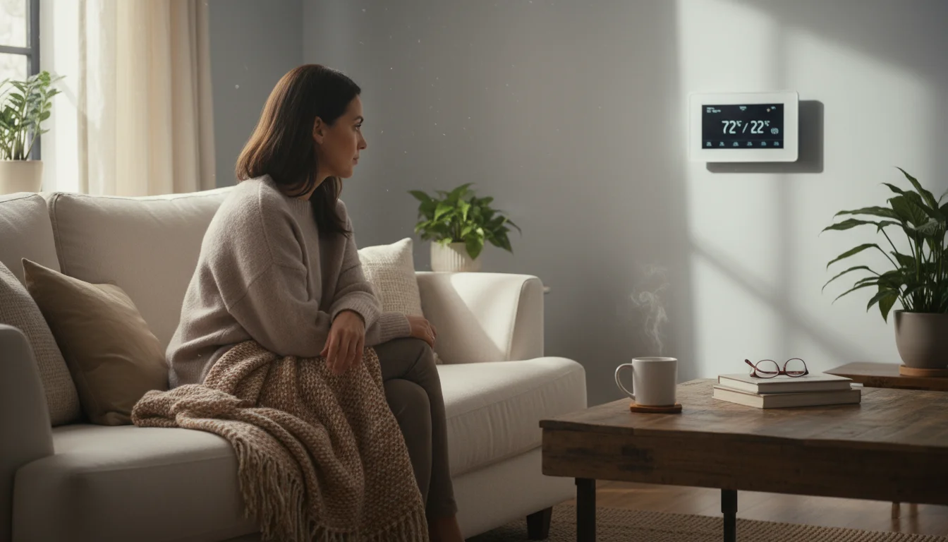 Woman thoughtfully looking at a smart thermostat on a wall in a cozy, sunlit living room.