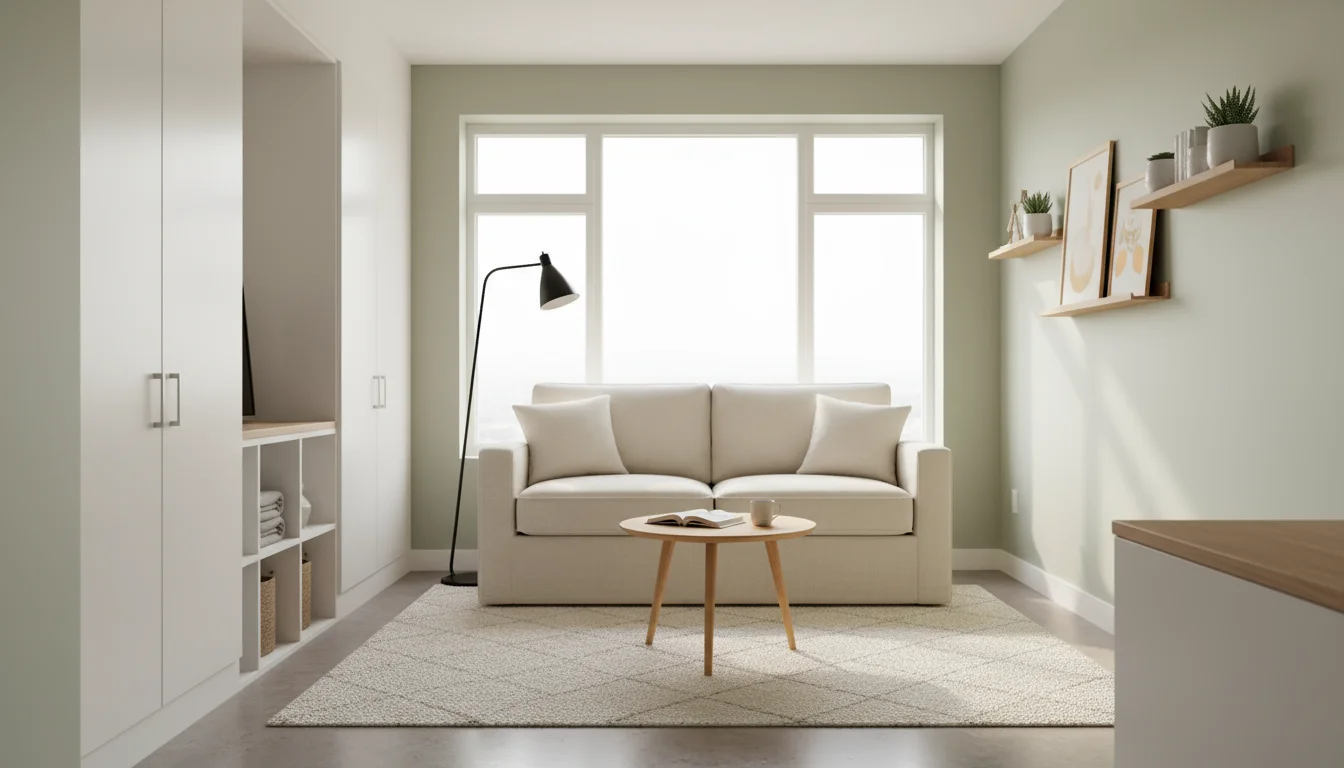 A woman tidies a light-colored sofa in a small, bright living room with a round coffee table and a wall mirror reflecting light.