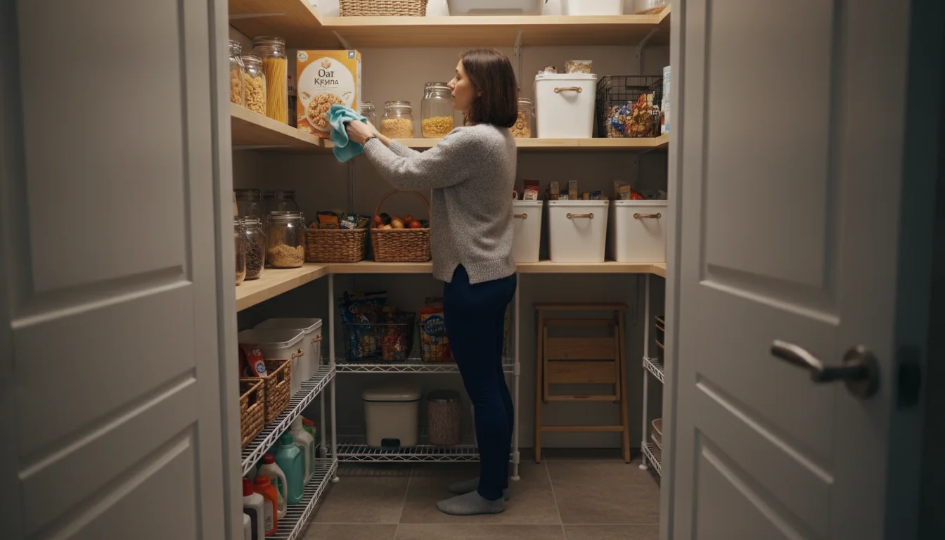 A woman tidies a walk-in pantry, pushing a cereal box onto a shelf while holding a cleaning cloth.