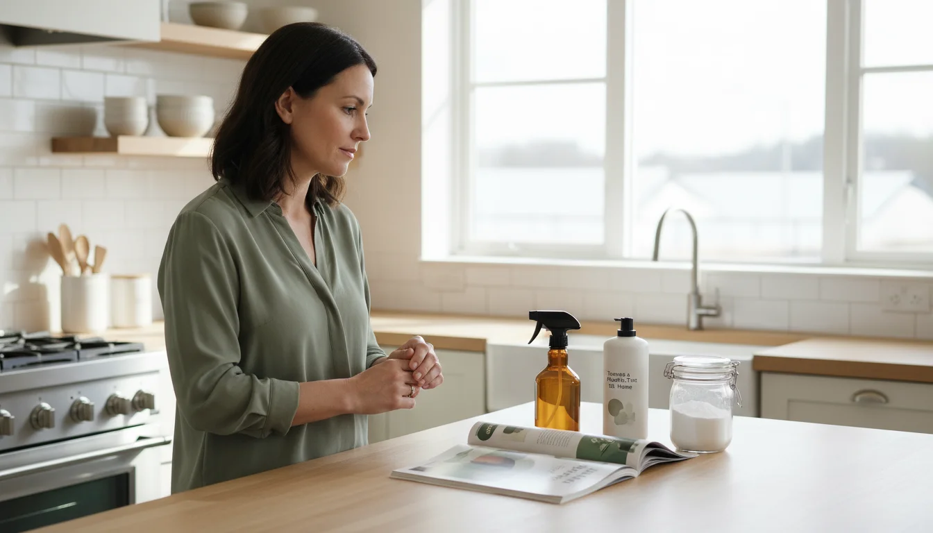 A woman at a tidy kitchen island researching eco-friendly cleaning products on a tablet, with bottles nearby.