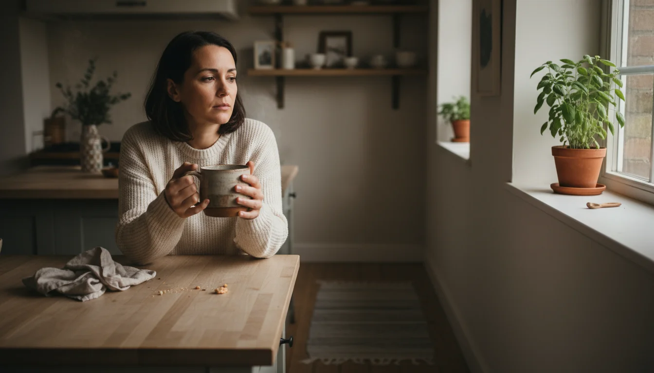 A woman looking tired in a cozy kitchen, holding a warm mug, with morning light entering through a window.