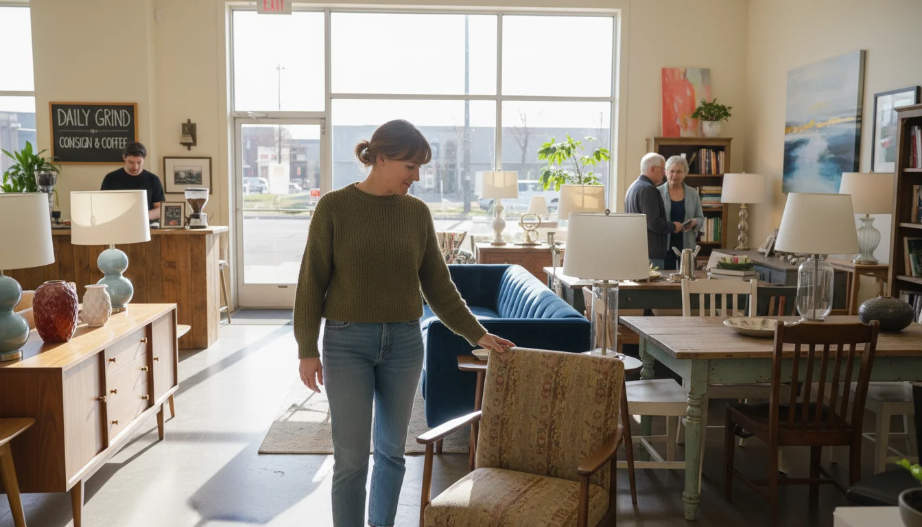 Woman touches a mid-century modern armchair in a sunny consignment store with diverse furniture.