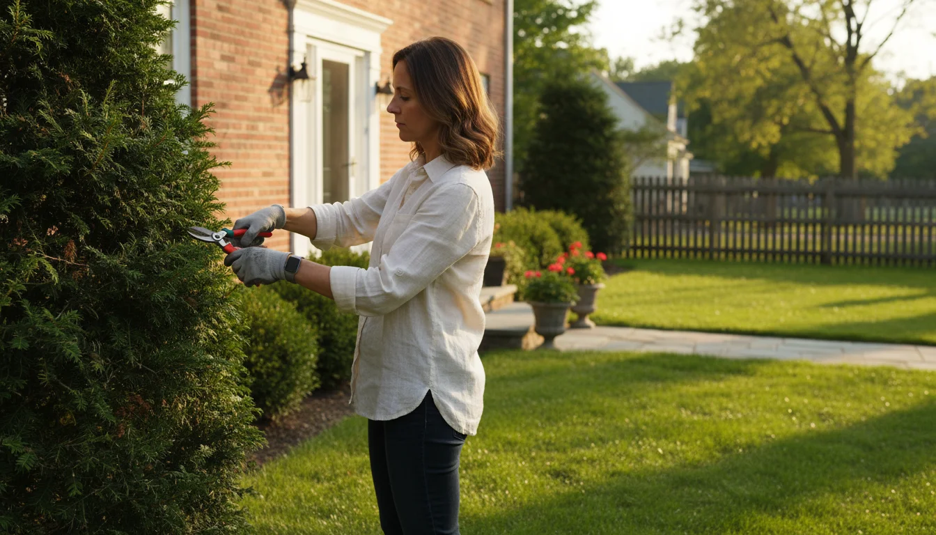 A woman trims an overgrown shrub next to a house under soft, late afternoon sun, preparing for fall maintenance.