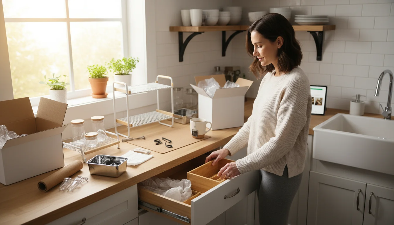 Woman unboxes and arranges new kitchen organization tools including a stackable shelf, drawer dividers, and a pull-out bin on a bright kitchen counter