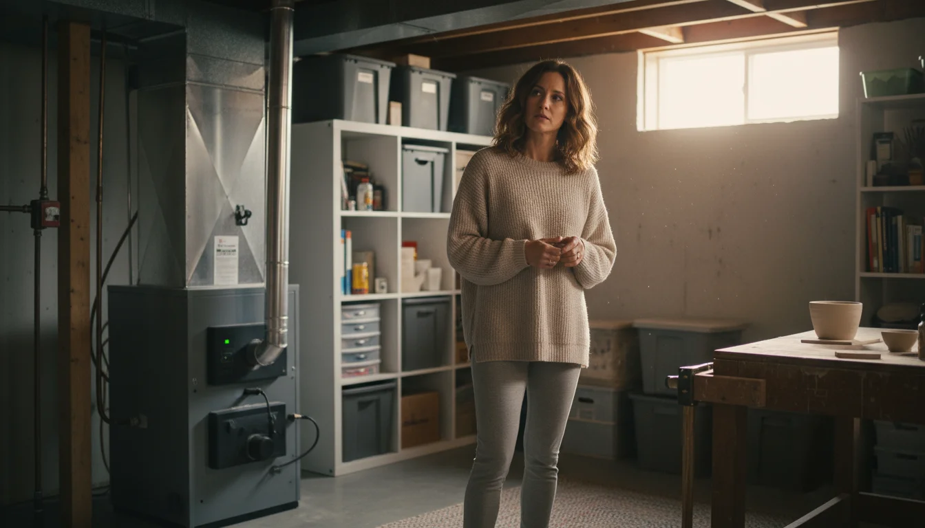 Woman in a utility room, head tilted with a thoughtful expression, listening intently for unusual sounds near a partially visible furnace.