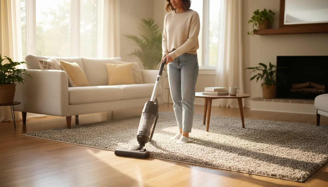 A woman vacuuming a low-pile, light-colored rug in a sunlit living room with a modern upright vacuum cleaner.