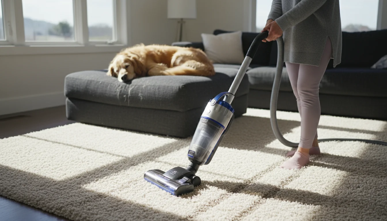 A woman vacuums a plush carpet in a sunlit living room with an upright vacuum. A sleeping dog is visible in the background.
