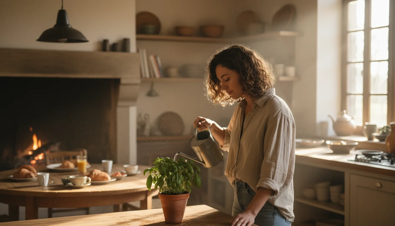 A woman waters a potted herb on a sunlit kitchen counter, with a utility bill and a small piggy bank nearby.