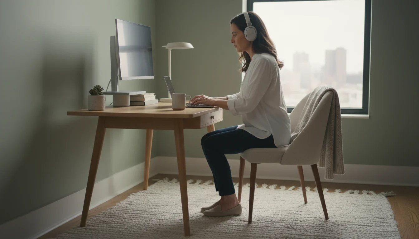 A woman wearing noise-canceling headphones works calmly at a home office desk with a thick rug, an acoustic panel, and a white noise machine.