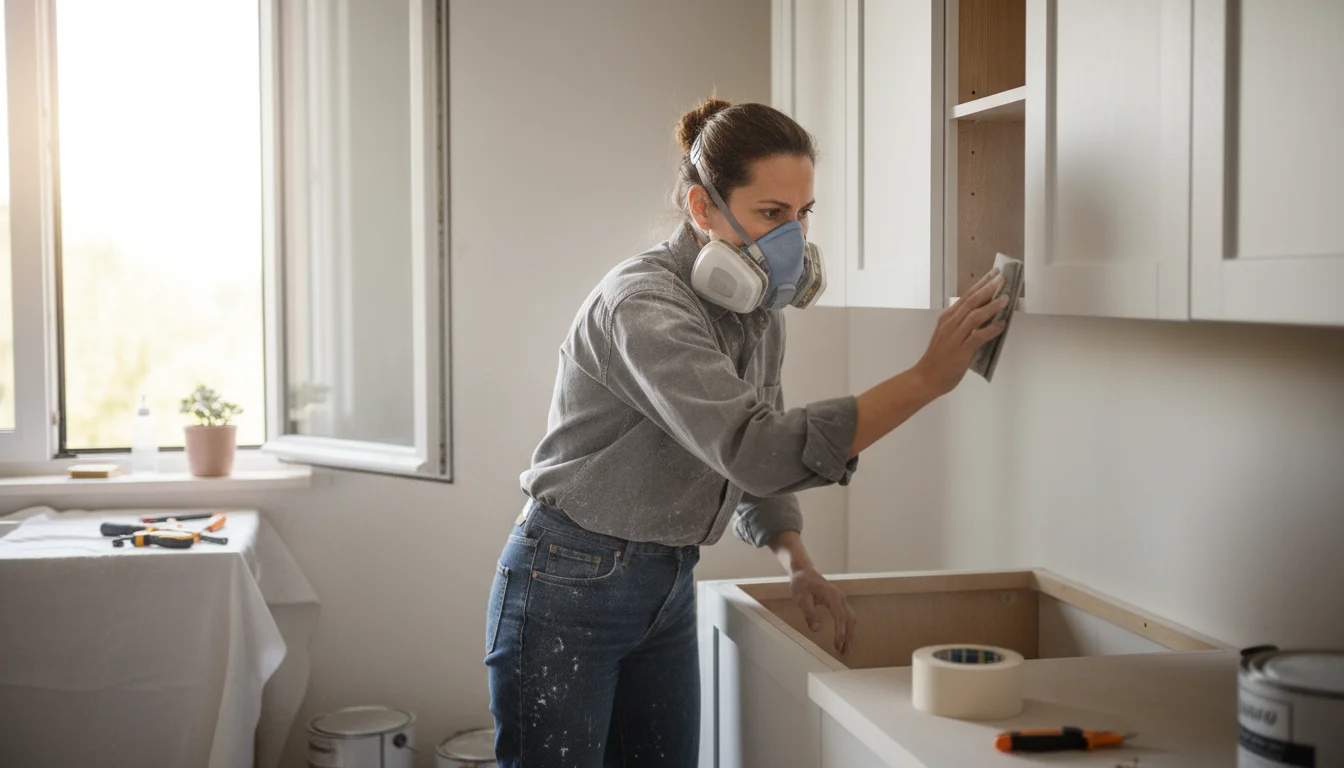 A woman wearing a respirator lightly sands a primed upper kitchen cabinet with a sanding sponge, bathed in natural light.