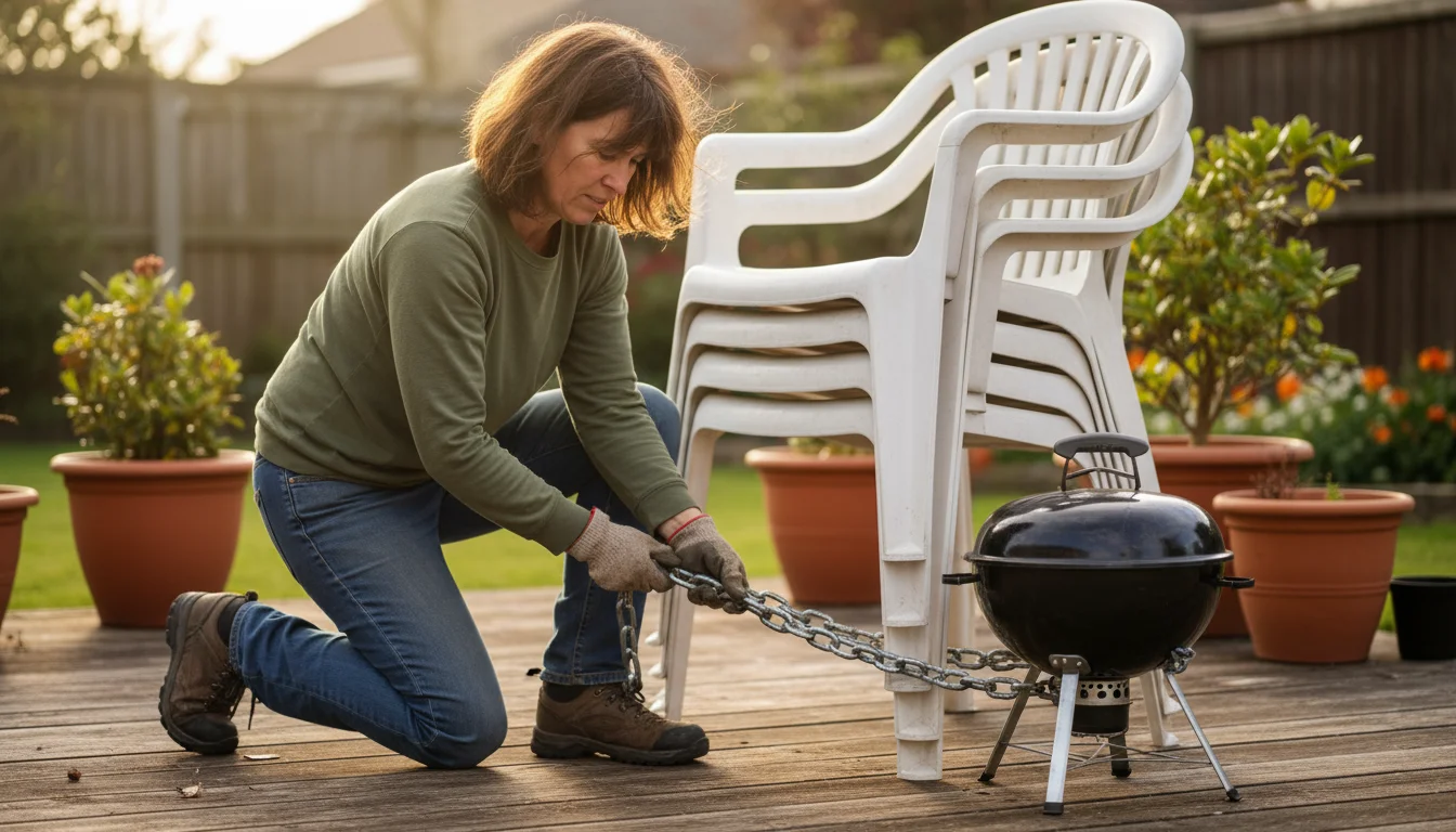 Woman on a weathered patio securing stacked plastic chairs and a grill with a heavy chain, preparing for strong winds.