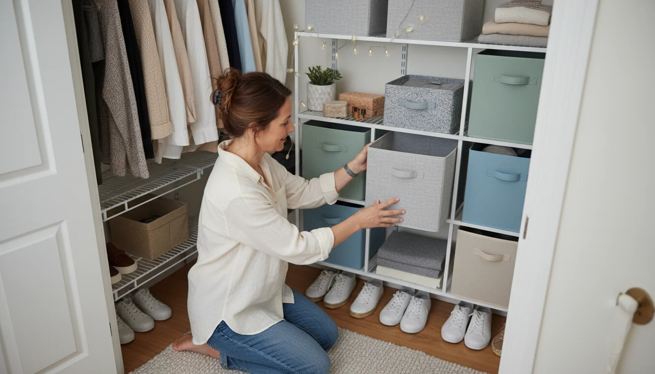 Woman in a well-lit closet sliding a new fabric drawer into an adjustable shelf, adapting her storage.