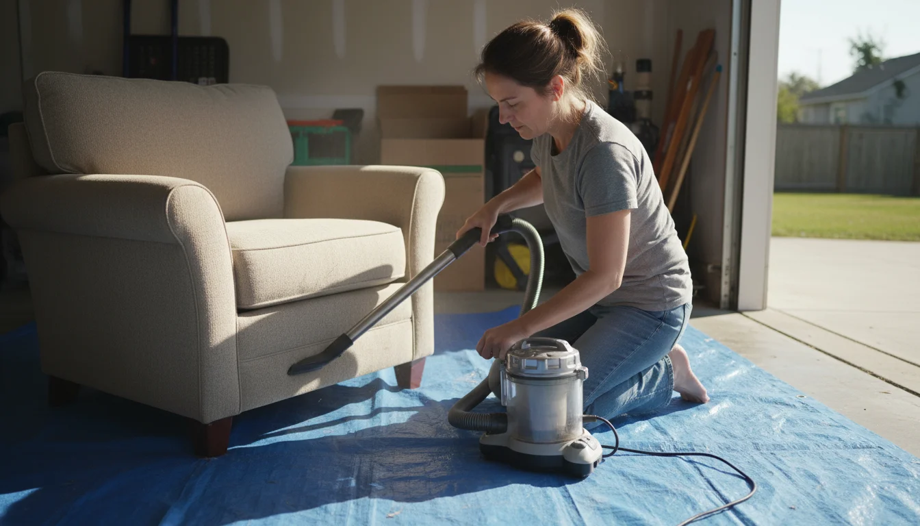 Woman in a well-lit garage carefully vacuuming the underside of a beige upholstered armchair placed on a tarp before moving it inside.