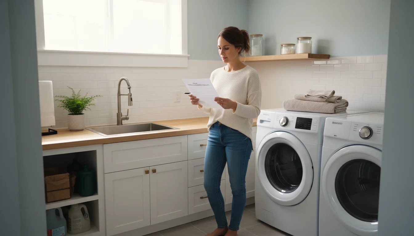 Woman in a well-lit, organized utility room studying a water heater maintenance checklist, with the clean water heater in the background.