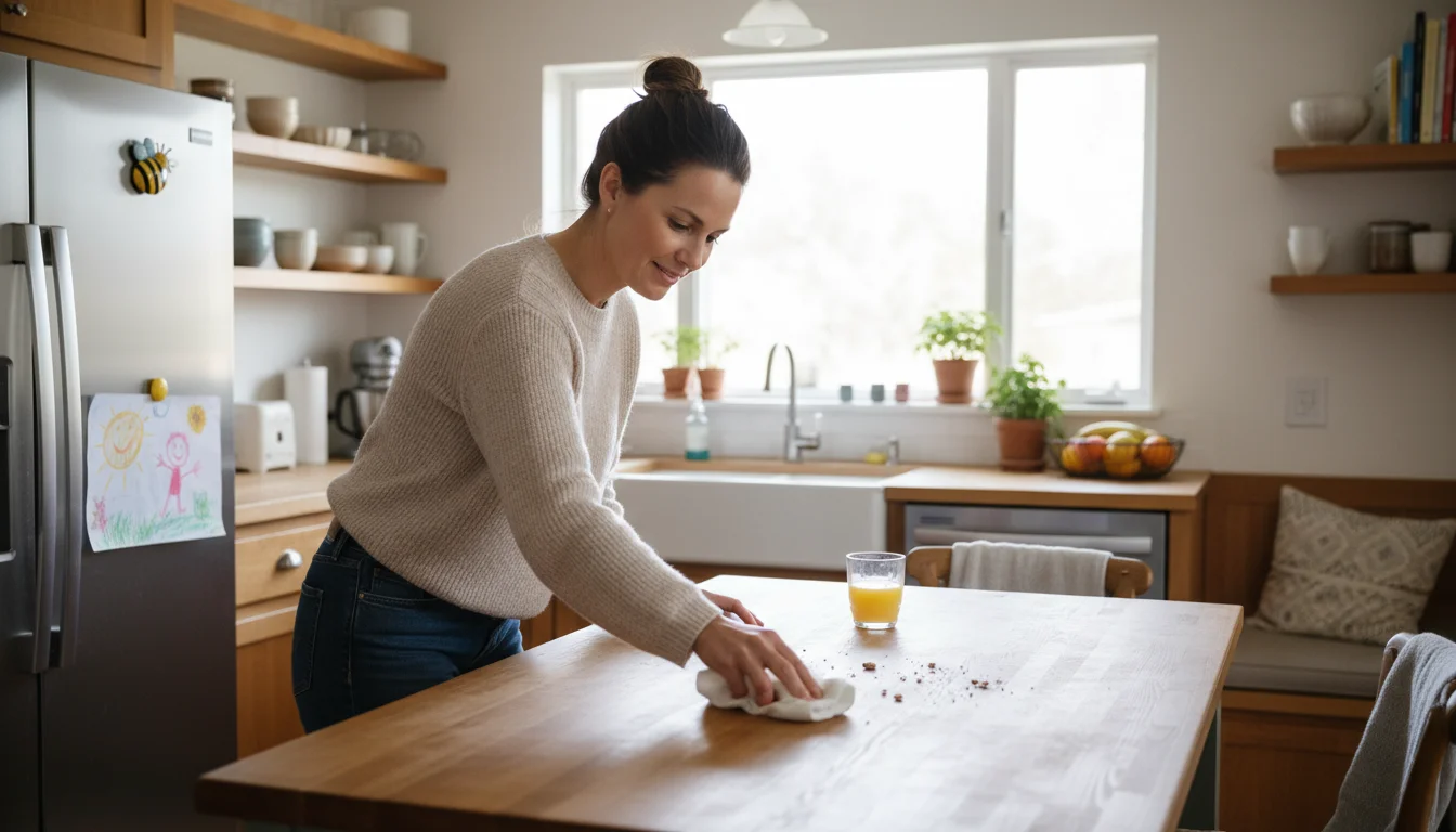 Woman wipes a kitchen island in a bright, lived-in kitchen. Cleaning supplies are visible under an open cabinet.