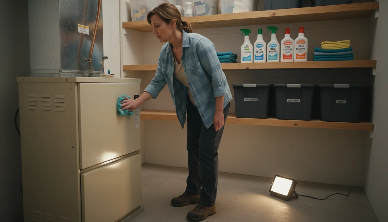 A woman wiping dust from the side of a home furnace in a tidy utility closet.