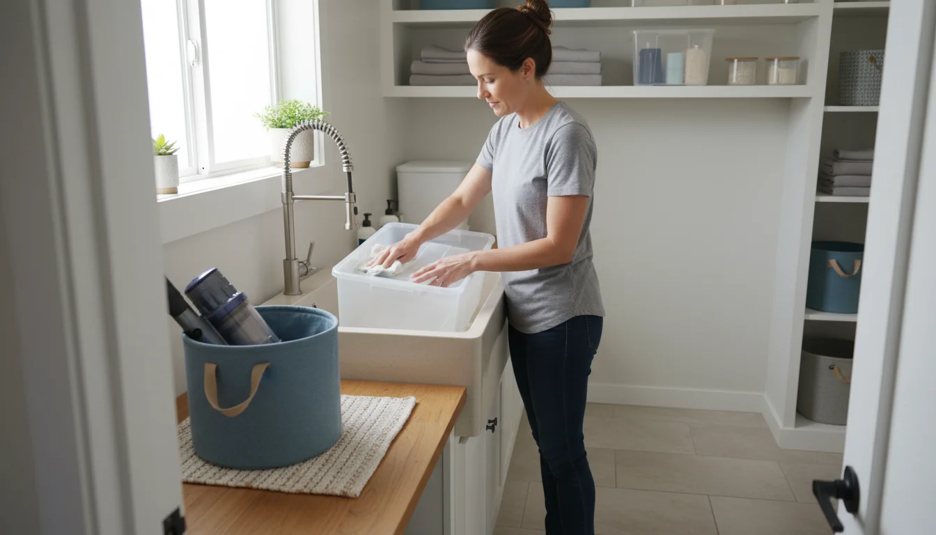 Woman wiping a clear plastic storage bin at a utility sink, a fabric bin with a vacuum brush nearby on the floor in a tidy laundry room.