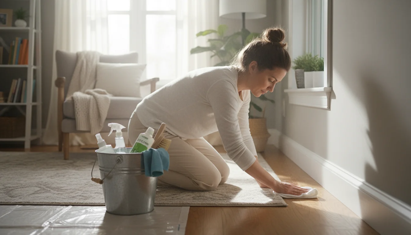 Woman carefully wiping a white baseboard with a cloth in a bright, sunlit living room. A bucket of cleaning supplies rests nearby.