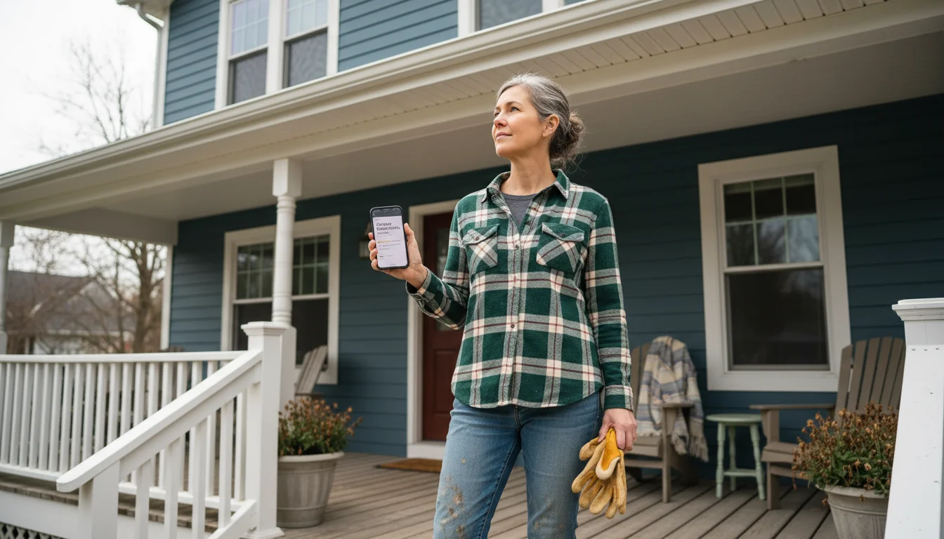 Woman on a wooden porch looking up at house gutters, holding work gloves in one hand and a smartphone in the other.