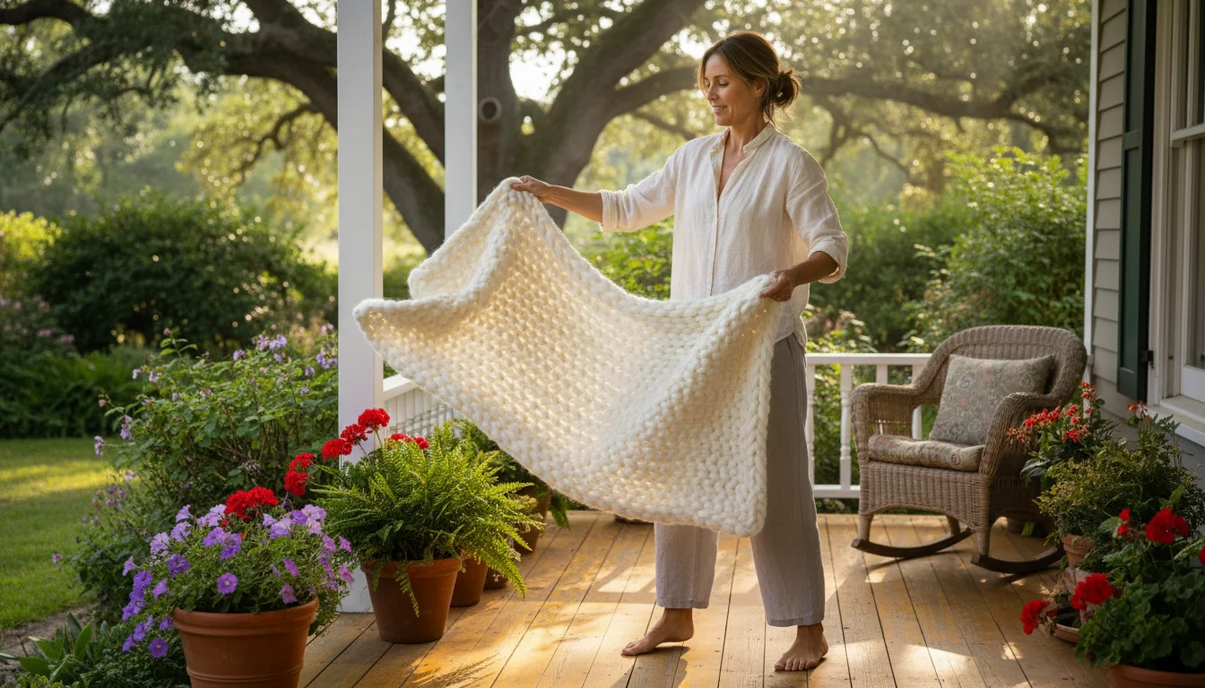 Woman on a wooden porch gently shaking a cream-colored chunky knit throw blanket in morning sunlight, potted plants nearby.