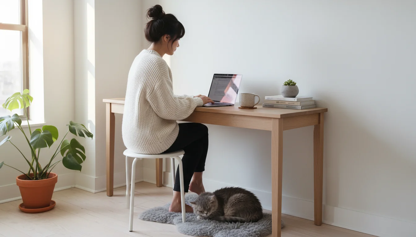 A woman works on a laptop at a light wood console table that also holds woven storage baskets in a compact apartment.