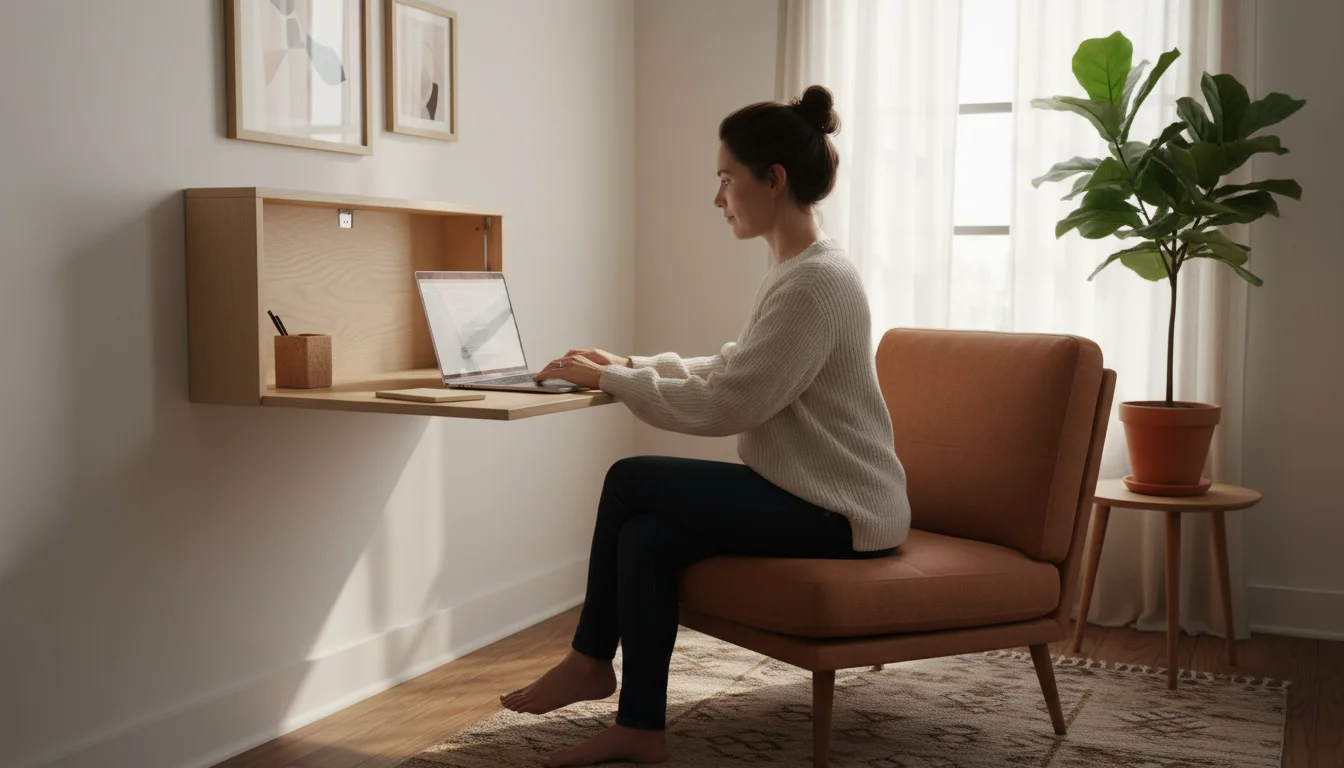 A woman works at a light wood, wall-mounted folding desk in a cozy living room. A laptop and small plant are visible on the desk.