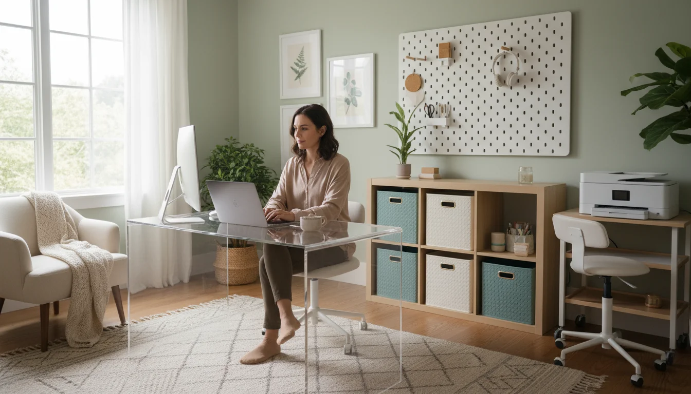 A woman works at a clear, practical home office desk with organized pegboard and labeled shelves around her, bathed in natural light.