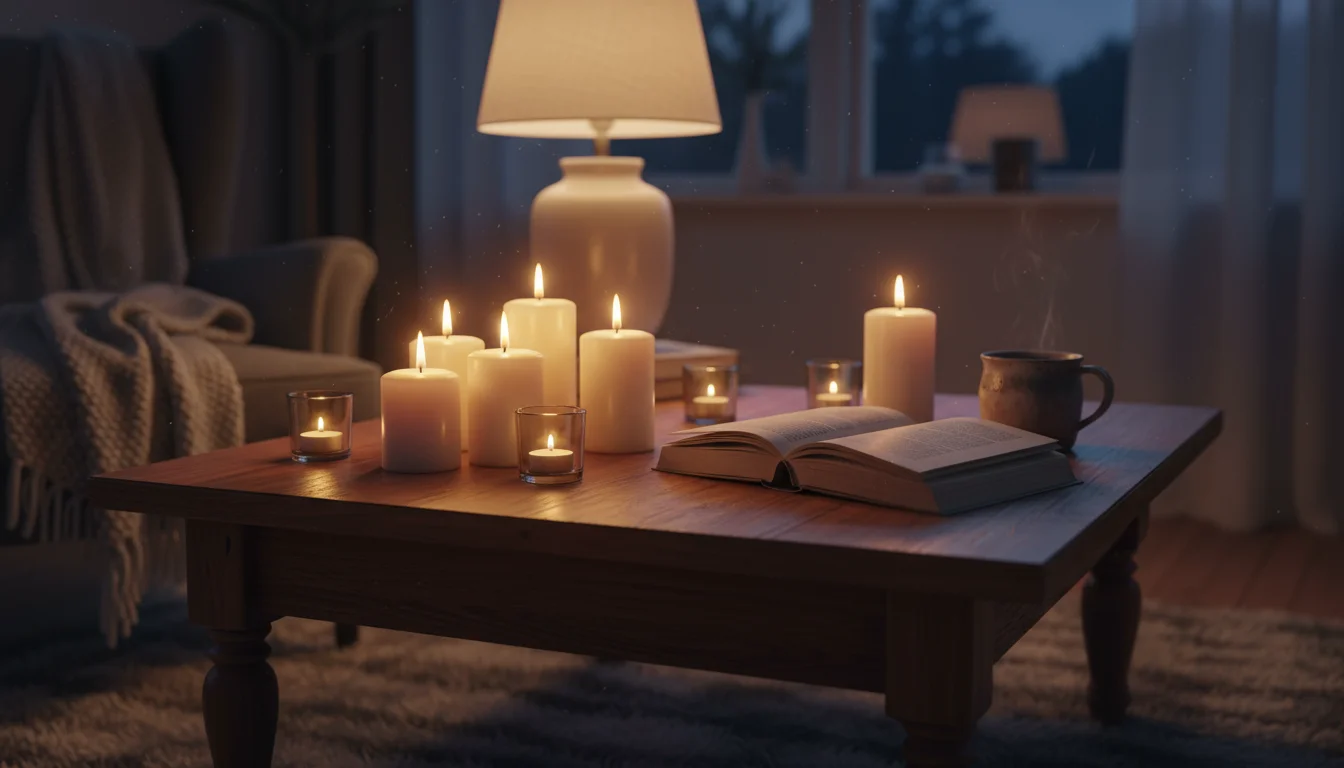 Close-up of a wooden coffee table at dusk, featuring multiple flickering candles, a ceramic mug, and a soft-glowing table lamp.